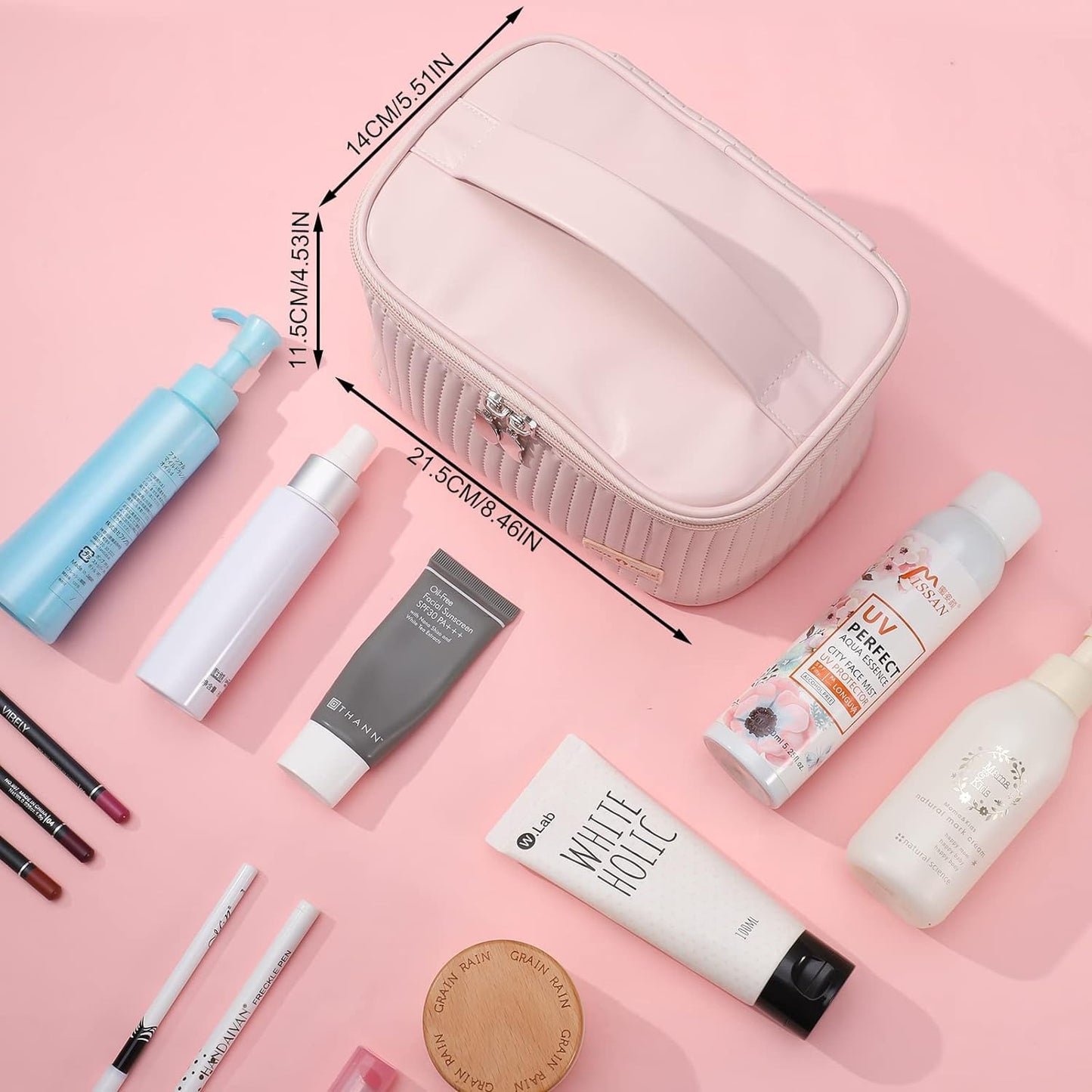 Toiletry Bag for Men and Women for Travel - Cosmetics Organizer Kit - Makeup Bag Portable PU Leather Waterproof Makeup Case Multifunctional Makeup Bag with Brush Compartment (Pink)