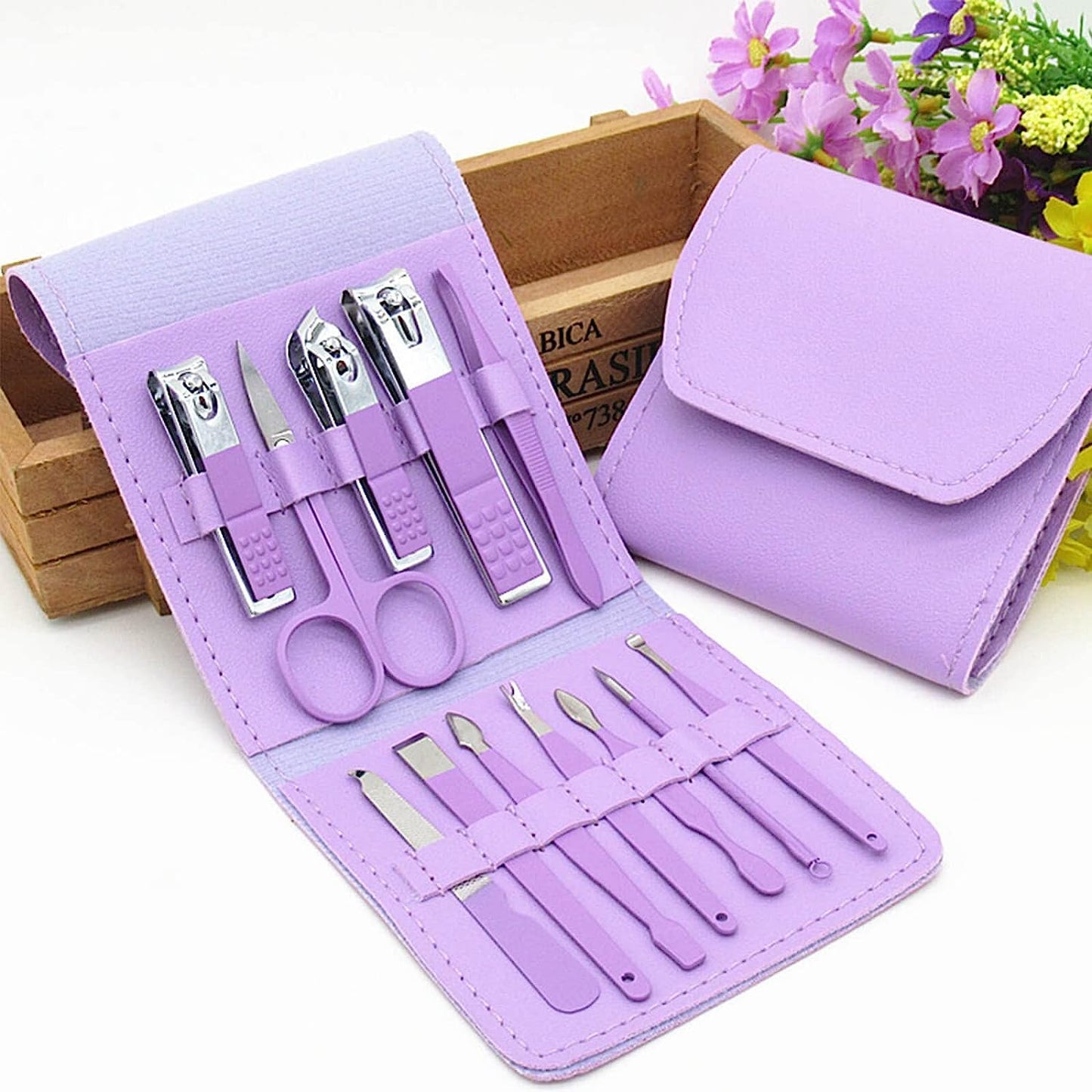 Manicure Pedicure Kit for Women for Foot, Hand & Face Care with TRAVEL Case | Nail Cutter Kit Set, Nail Clipper, Eyebrow Scissors, Tweezers, Nail File, Grooming Kit for Men & Women - 12 in 1 Kit (Purple)