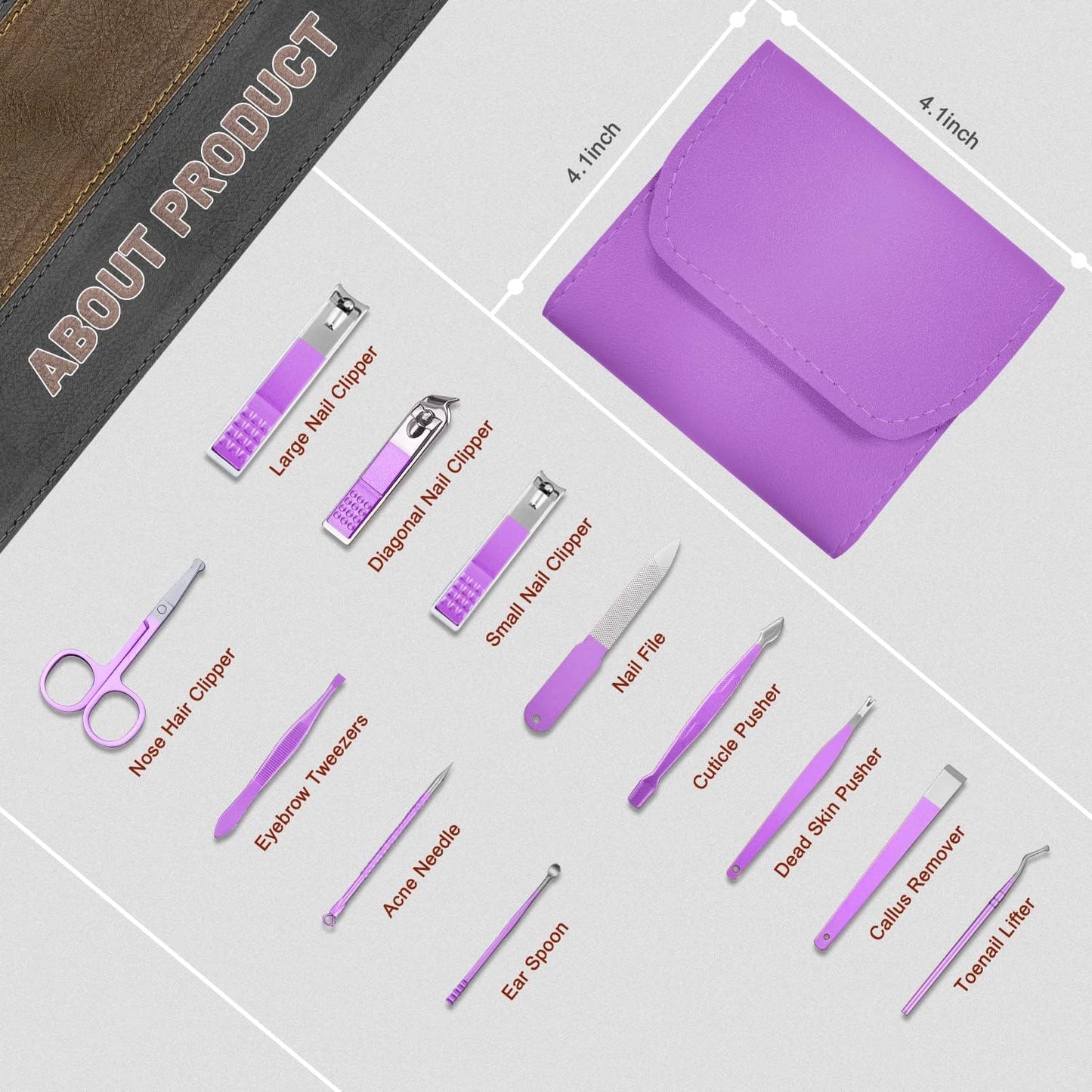 Manicure Pedicure Kit for Women for Foot, Hand & Face Care with TRAVEL Case | Nail Cutter Kit Set, Nail Clipper, Eyebrow Scissors, Tweezers, Nail File, Grooming Kit for Men & Women - 12 in 1 Kit (Purple)