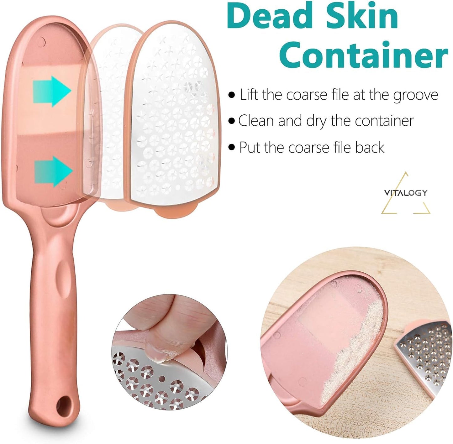 Callus Remover for Feet | Double-sided Foot Scrubber with Removable Plate and Container for Dead Skin | Rose Gold With Dander Collection Cavity