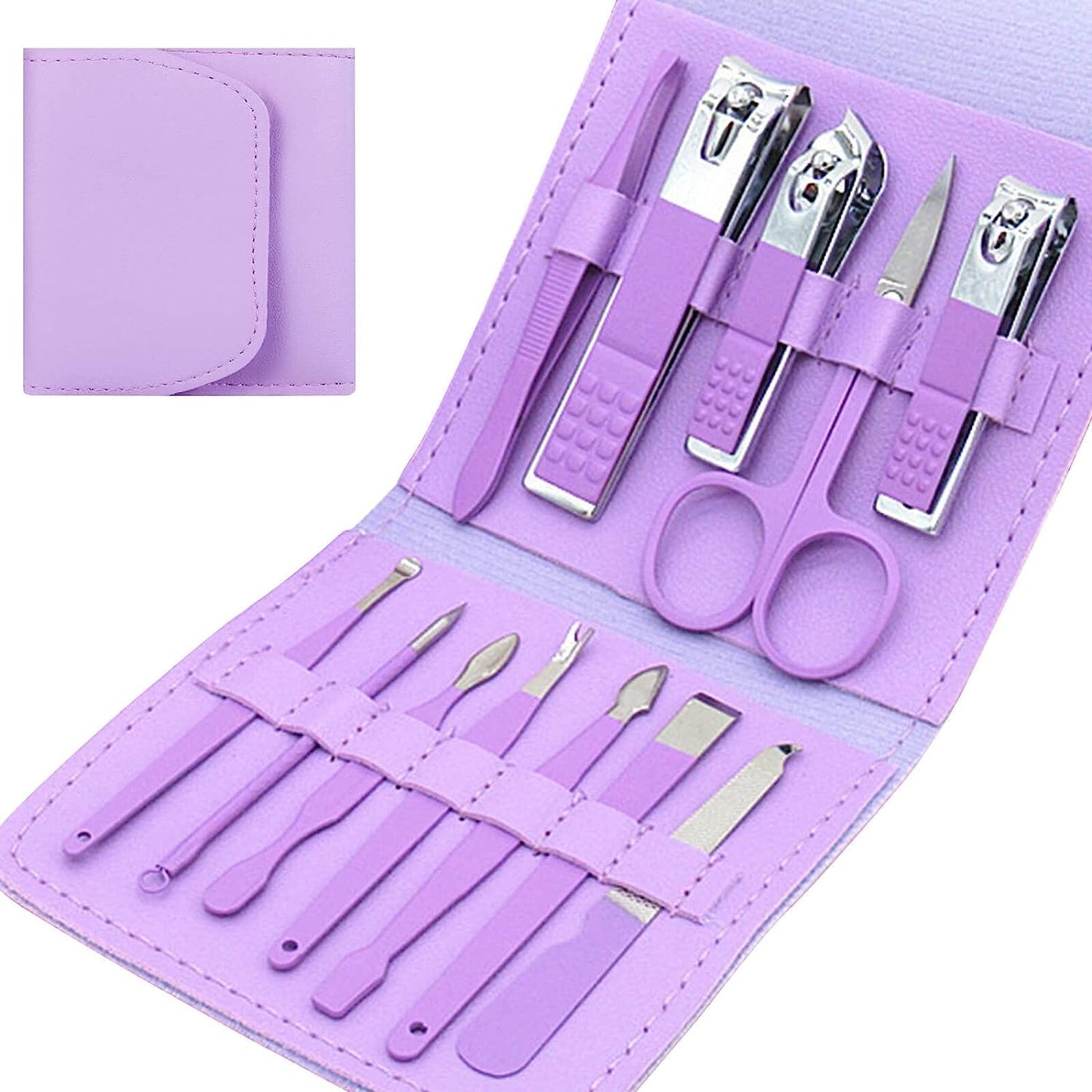 Manicure Pedicure Kit for Women for Foot, Hand & Face Care with TRAVEL Case | Nail Cutter Kit Set, Nail Clipper, Eyebrow Scissors, Tweezers, Nail File, Grooming Kit for Men & Women - 12 in 1 Kit (Purple)