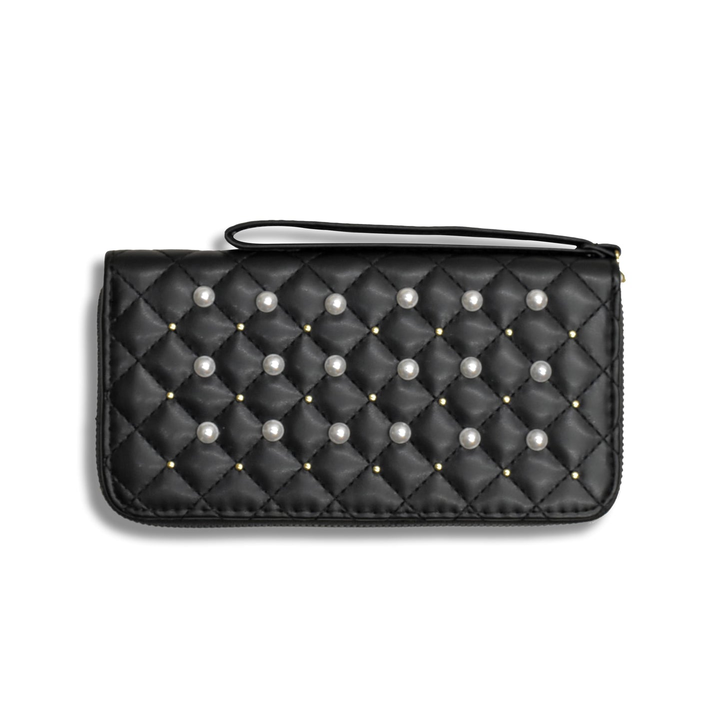Ladies Wallets for Women Stylish - Faux-Pearl Embellished Quilted PU Leather Wallet - Diamond Shaped Quilting and Tonal Stitching, with All-Around Gold Zip Fastening (Black)