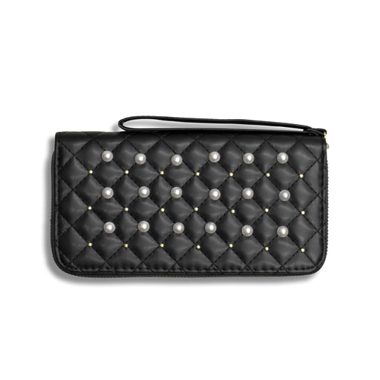 Ladies Wallets for Women Stylish - Faux-Pearl Embellished Quilted PU Leather Wallet - Diamond Shaped Quilting and Tonal Stitching, with All-Around Gold Zip Fastening (Black)