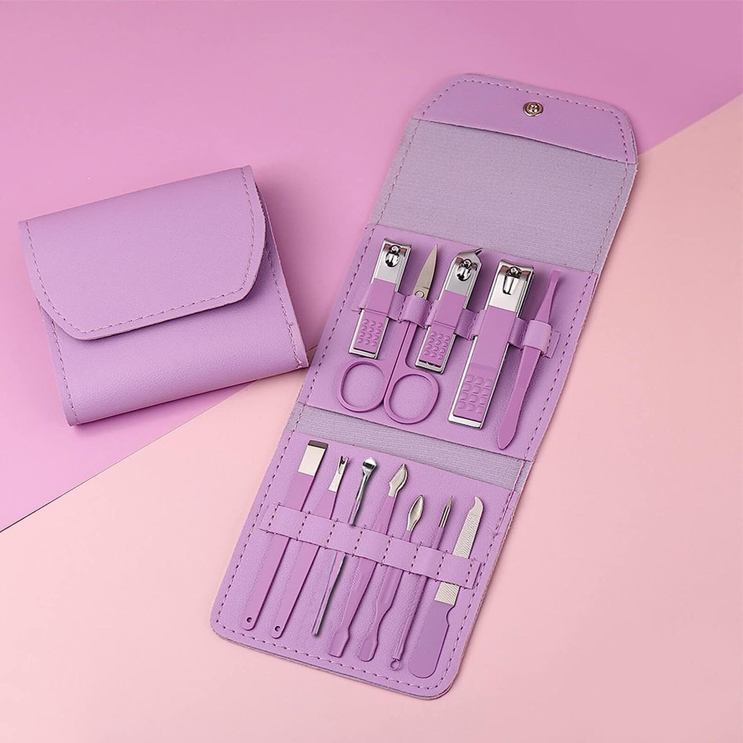 Manicure Pedicure Kit for Women for Foot, Hand & Face Care with TRAVEL Case | Nail Cutter Kit Set, Nail Clipper, Eyebrow Scissors, Tweezers, Nail File, Grooming Kit for Men & Women - 12 in 1 Kit (Purple)