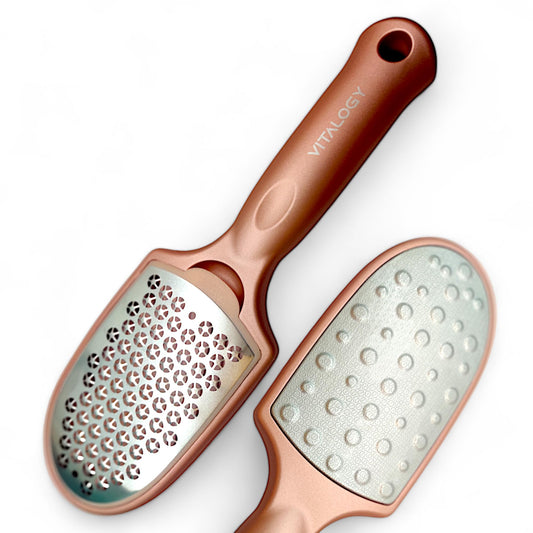 Callus Remover for Feet | Double-sided Foot Scrubber with Removable Plate and Container for Dead Skin | Rose Gold With Dander Collection Cavity