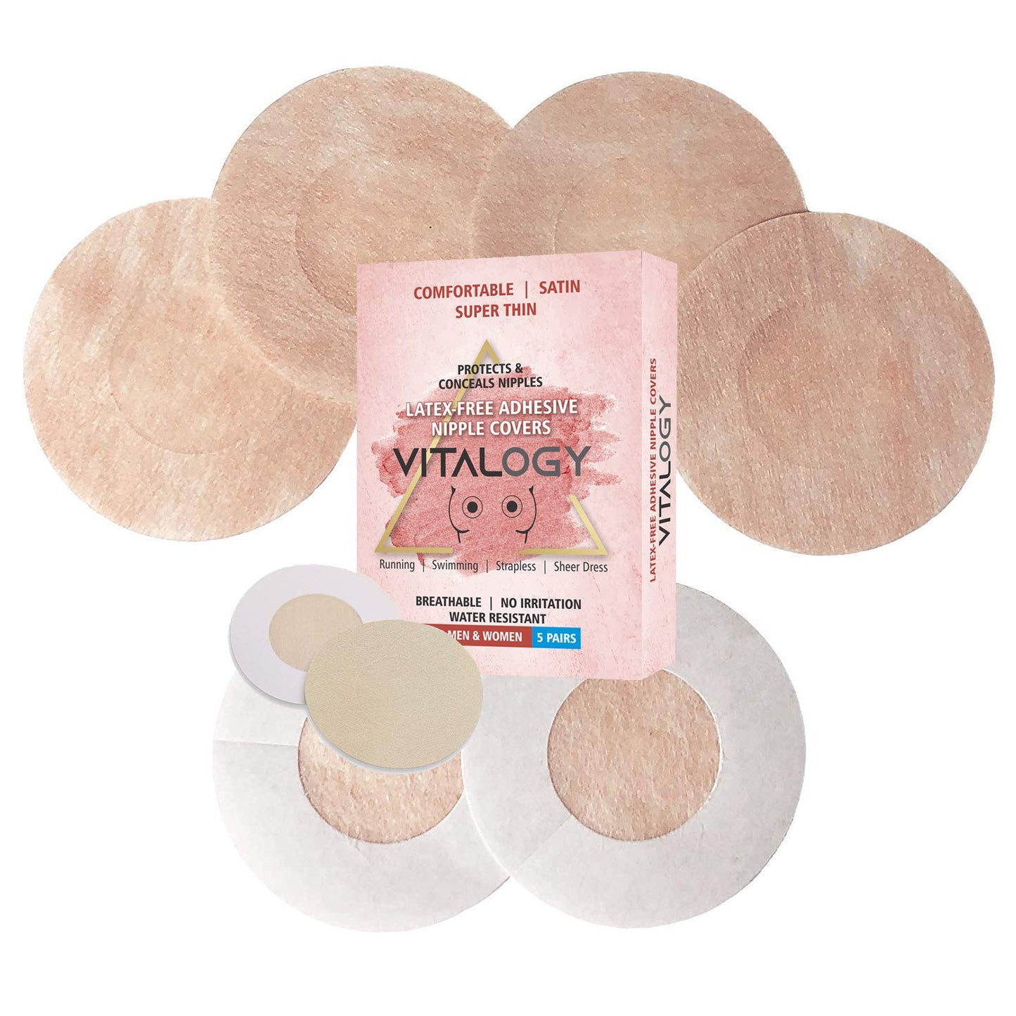 Nipple Cover for Women & Men | Comfortable, SATIN, Super Thin, Disposable, LATEX-FREE, BREATHABLE Breast Pasties | Protects & Conceals - Running, Swimming, Strapless, Sheer Dress - 5 Pairs