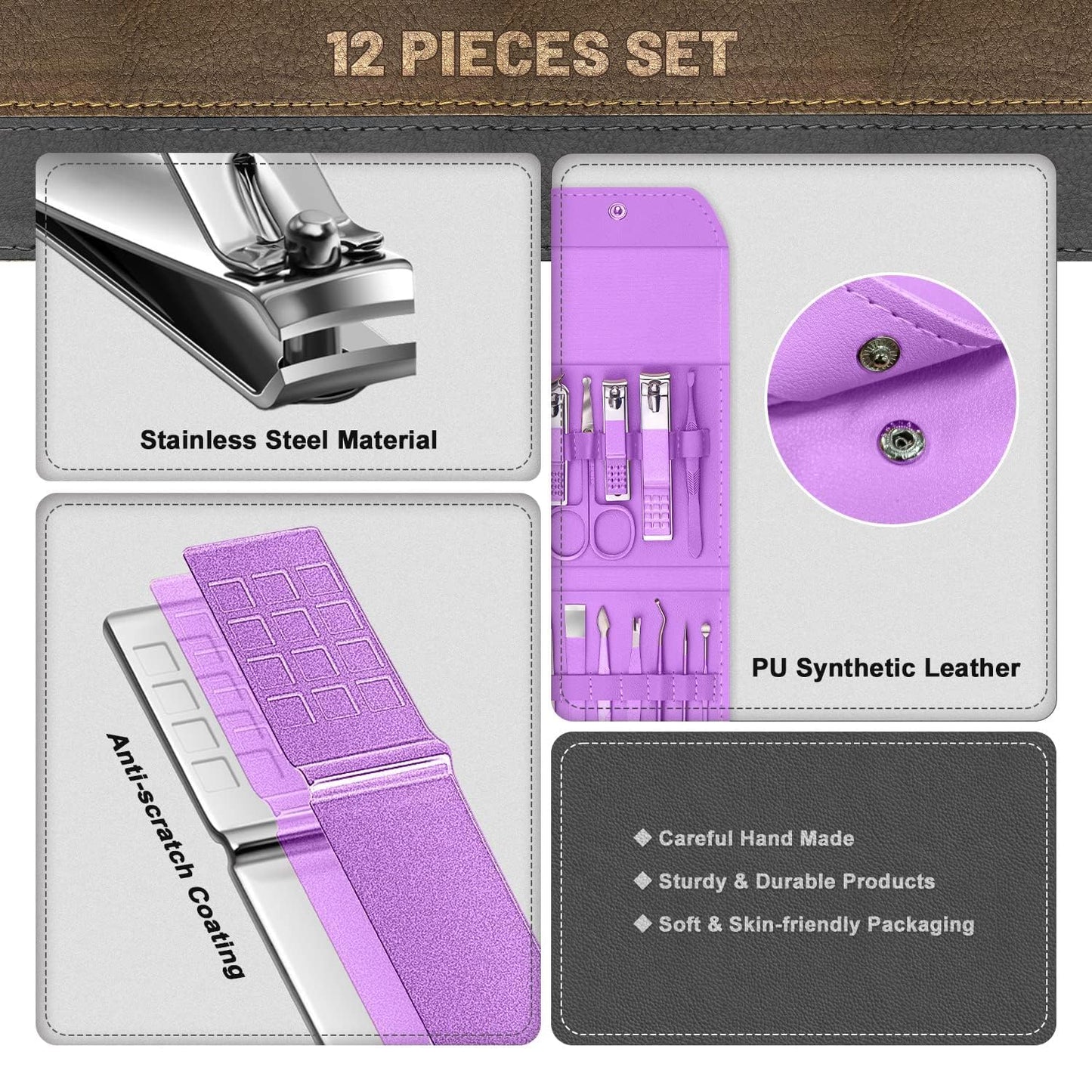 Manicure Pedicure Kit for Women for Foot, Hand & Face Care with TRAVEL Case | Nail Cutter Kit Set, Nail Clipper, Eyebrow Scissors, Tweezers, Nail File, Grooming Kit for Men & Women - 12 in 1 Kit (Purple)