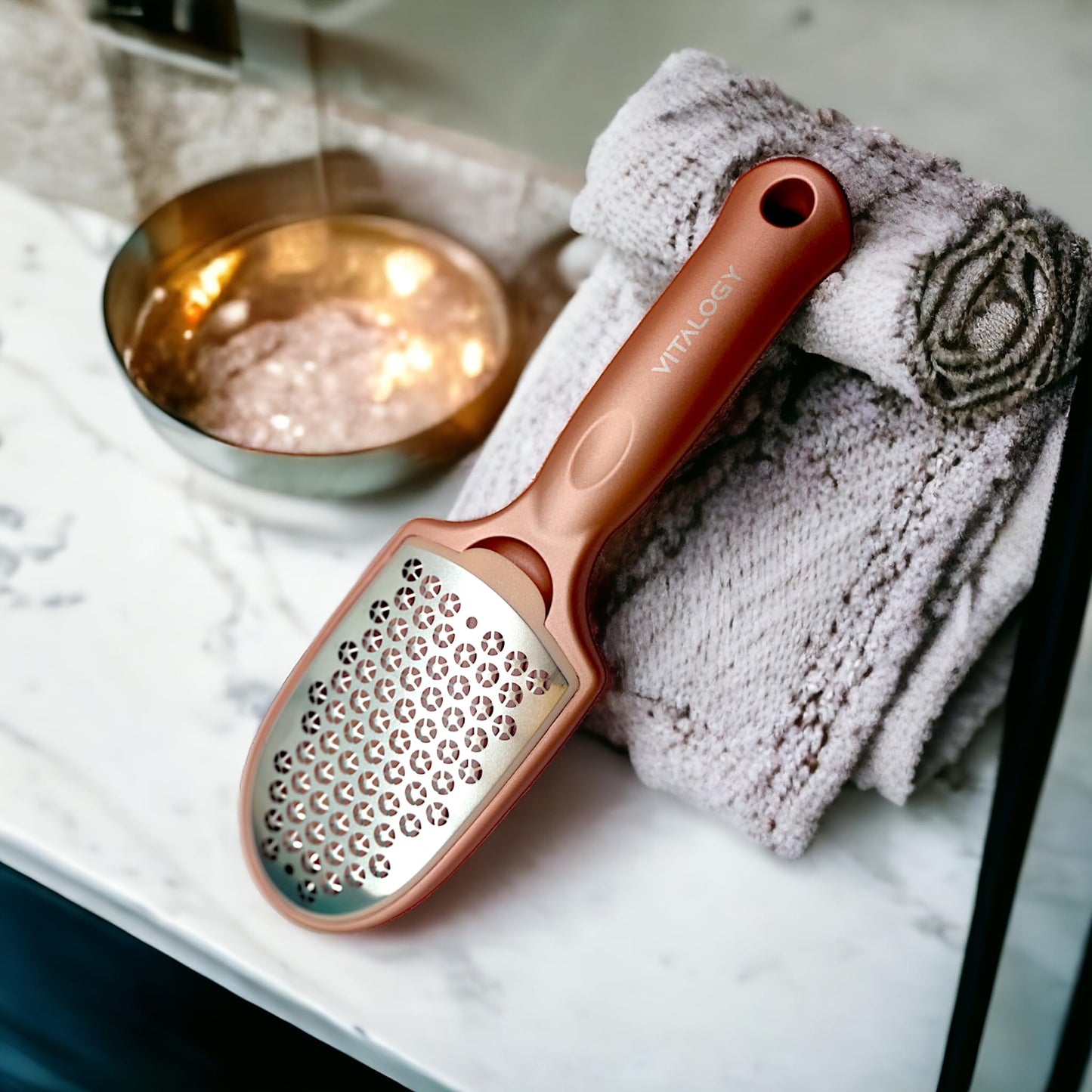 Callus Remover for Feet | Double-sided Foot Scrubber with Removable Plate and Container for Dead Skin | Rose Gold With Dander Collection Cavity