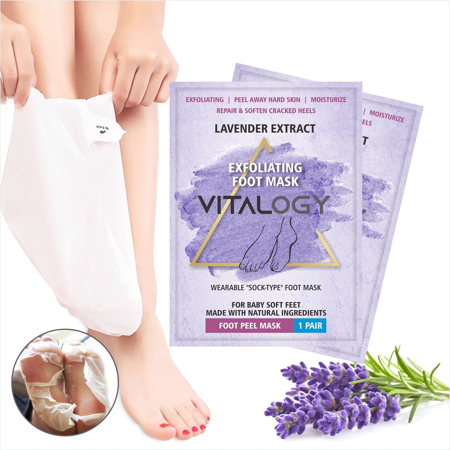 Foot Peel Mask for Dead Skin Removal | Exfoliating Pedicure Essential | Make Your Feet Baby Soft, Repair Rough Heels, Lavender (2 Pairs)