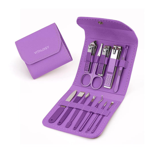 Manicure Pedicure Kit for Women for Foot, Hand & Face Care with TRAVEL Case | Nail Cutter Kit Set, Nail Clipper, Eyebrow Scissors, Tweezers, Nail File, Grooming Kit for Men & Women - 12 in 1 Kit (Purple)
