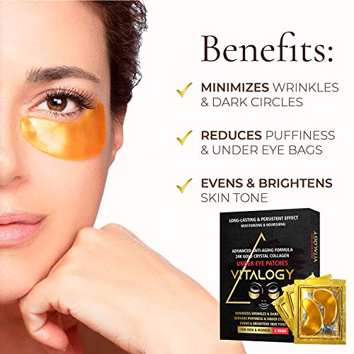 Under Eye Patches for Dark Circles and Wrinkles | 24K Gold Anti-Aging Mask, Pads for Puffy Eyes & Bags | Collagen Eye Mask with Natural Extracts & Hyaluronic Acid (Pack of 5 Pairs)