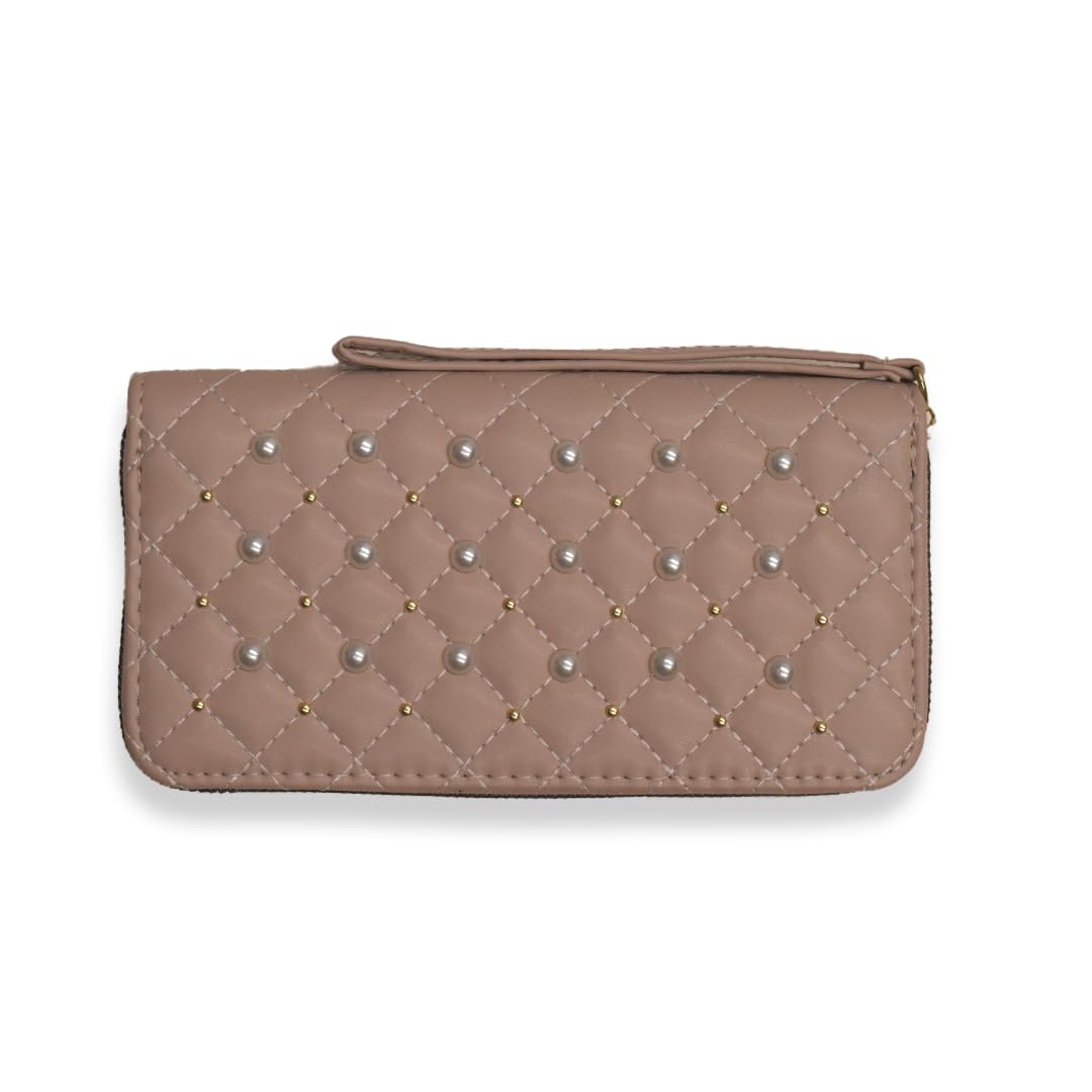 Ladies Wallets for Women Stylish - Faux-Pearl Embellished Quilted PU Leather Wallet - Diamond Shaped Quilting and Tonal Stitching, with All-Around Gold Zip Fastening (Baby Pink)