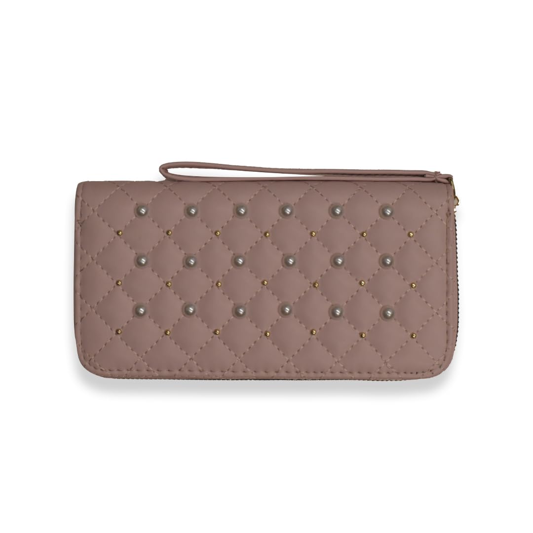 Ladies Wallets for Women Stylish - Faux-Pearl Embellished Quilted PU Leather Wallet - Diamond Shaped Quilting and Tonal Stitching, with All-Around Gold Zip Fastening (Rose Pink)