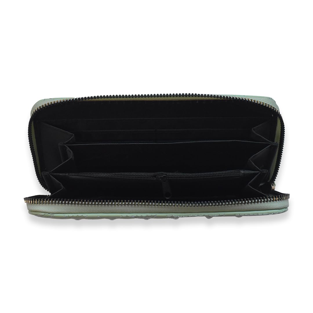 Ladies Wallets for Women Stylish - Faux-Pearl Embellished Quilted PU Leather Wallet - Diamond Shaped Quilting and Tonal Stitching, with All-Around Gold Zip Fastening (Mint Green)