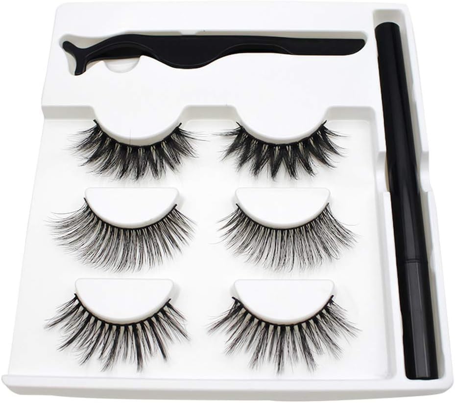 Magnetic Eyelashes for Women - 3 Pairs REUSABLE Eyelashes with Tweezer Lash Applicator and Black Eyeliner