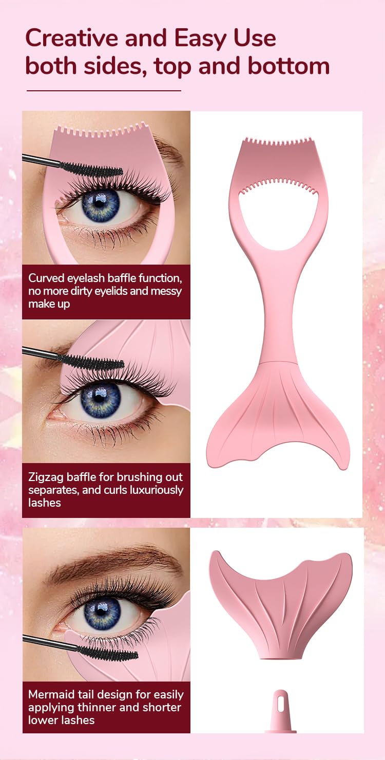 Eyeliner Mascara Shield Applicator Guard Wand, Reusable Mermaid Eye Stencils Makeup Aid Tool, 3 in 1 Soft Silicone Eyelash Applicator Tool, Eyebrow Comb