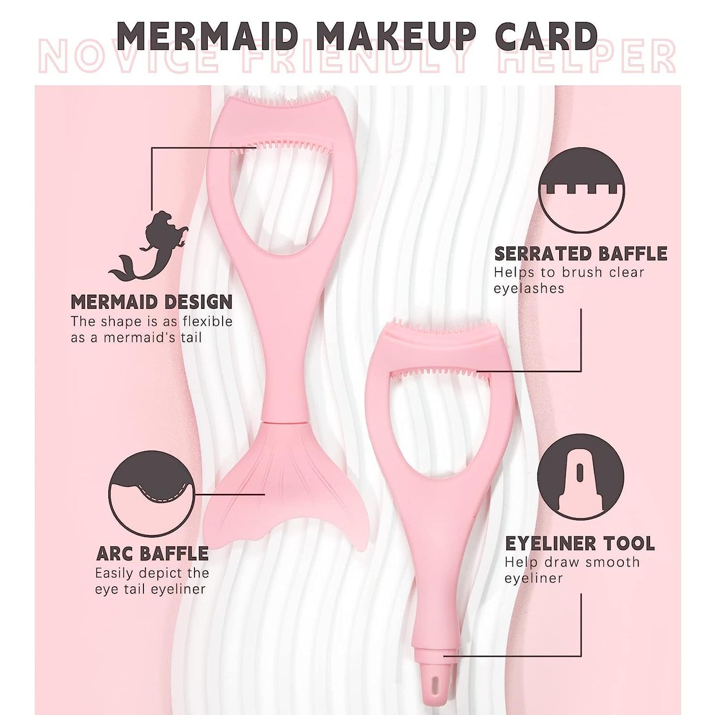 Eyeliner Mascara Shield Applicator Guard Wand, Reusable Mermaid Eye Stencils Makeup Aid Tool, 3 in 1 Soft Silicone Eyelash Applicator Tool, Eyebrow Comb