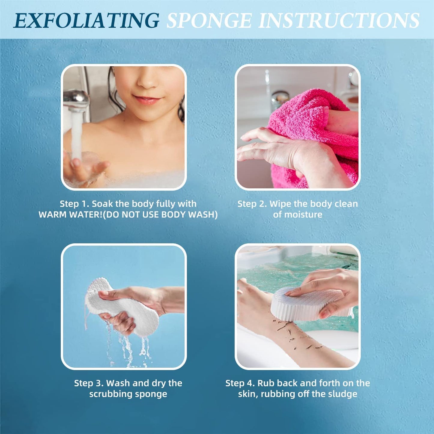 Body Scrubber Exfoliating 3D Bath Sponge - Super Soft Shower Sponge, Reusable for Adults, Children and Pregnant Women - 1 Pc (Blue)